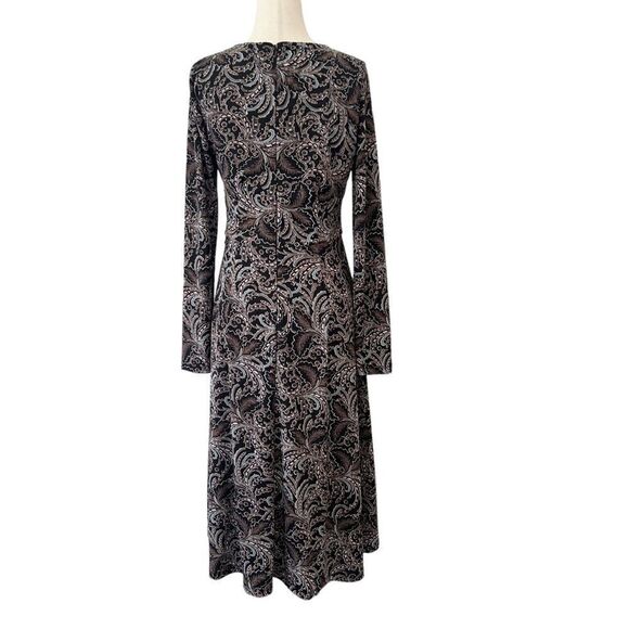 Talbots StretchyV Neck Long Sleeve Midi Dress Black, Brown, Blue Paisley - Picture 4 of 7